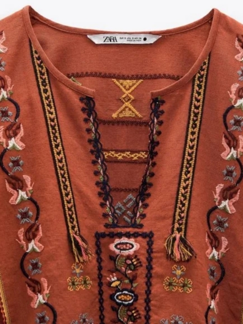 Zara Linen Bkend Burnt Orange Embroidered Tassel Shirt - Picture 6 of 8